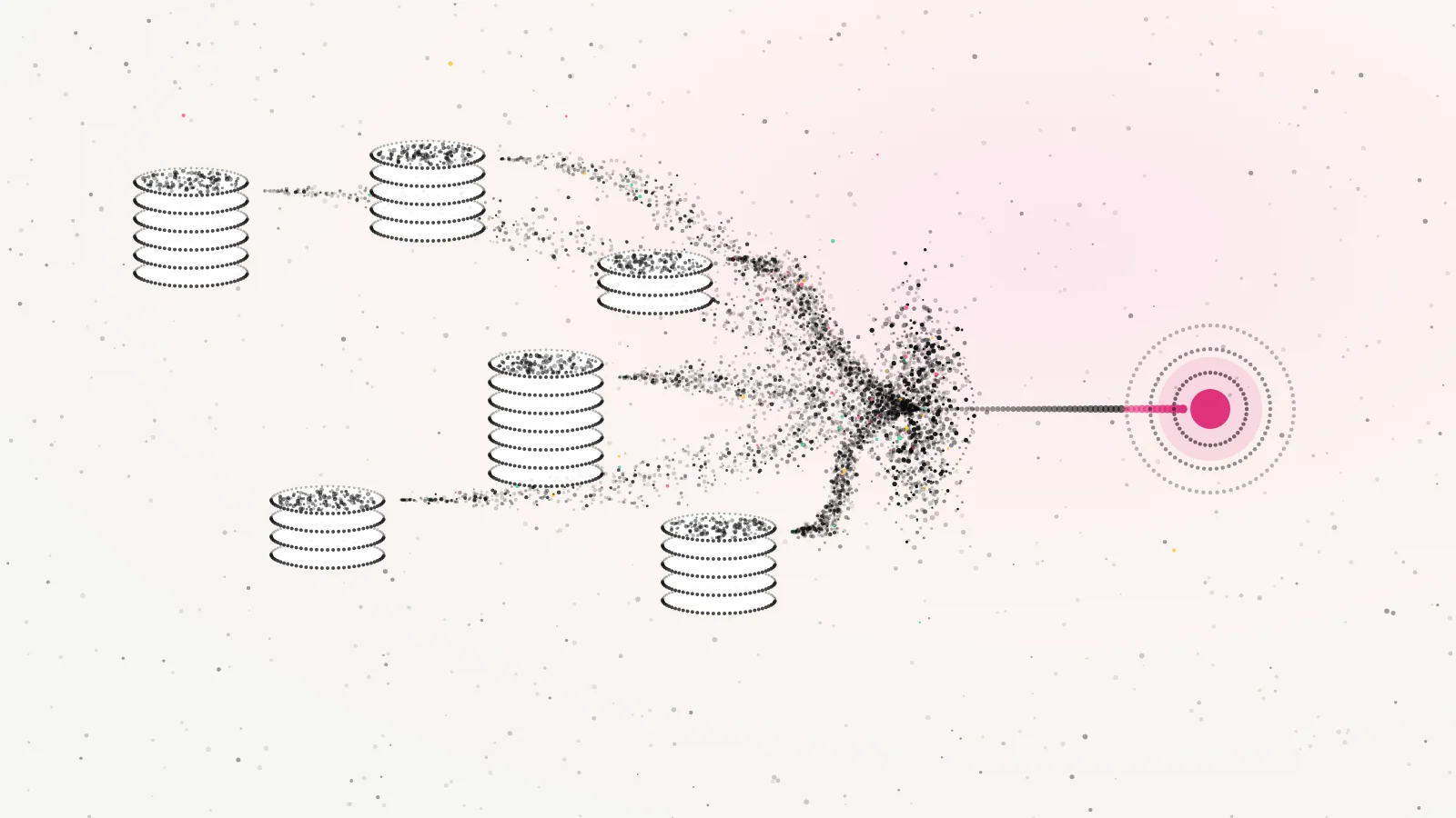Six separate stacks of dotted records send particle streams through one point into a single pink opportunity.